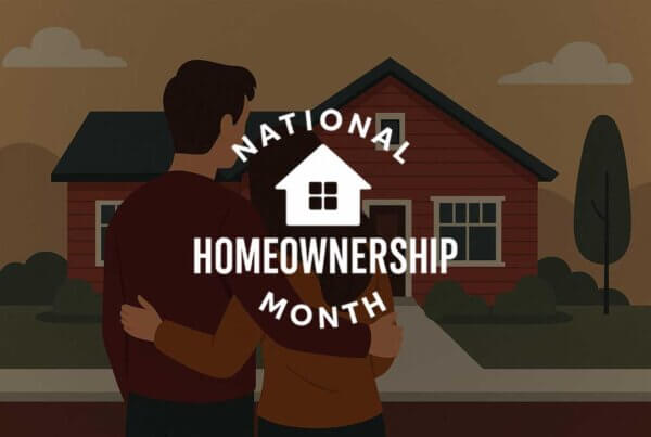 Illustration of home with national homeownership month logo